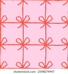 Pink red seamless pattern with gift bow ribbon. Vector hand drawn crayon rope checkered background. Stylish textile print, wrapping paper design