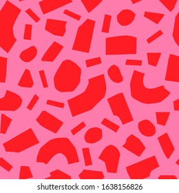 Pink and red seamless pattern with memphis papercut shapes for fabric print, textile or banner background.  Modern abstract pieces arranged as a repeating design
