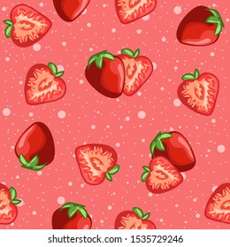 Pink red seamless pattern of strawberries and fruit slices. Tropical and exotic berries for summer season, vitamin C and nutrition diet illustration.