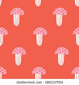 Pink and red seamless repeat cute doodle mushroom vector seamless pattern