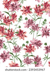 pink and red seamless texture flowers leaves pattern of white