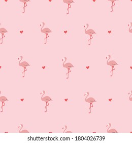 Pink and red Seamless vector repeat pattern with hearts and flamingos