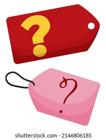 Etiquetas rosadas y rojas con signos de interrogación, para ofertas especiales de precios secretos.