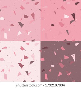 Pink and red terrazzo seamless pattern in modern styl. Flooring venetian wall set. 
Abstract stone  print. Vector surface texture of granite, concrete, mosaic tile,  ruby pebbles