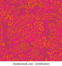Textura rosa y roja con plantas y hojas lineales dibujadas a mano.