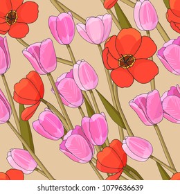 Pink and red tulips seamless vector pattern for background, textile, cloth, fabric. Vector illustration isolated.