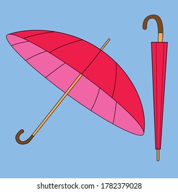 Pink red umbrella. Open and closed. Illustration. Vector.