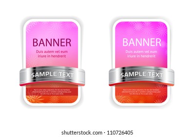Pink / red vector banners / badges with floral backgrounds and metallic decorations