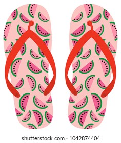 Pink and red vector flip flops with watermelon pattern for beach holiday designs