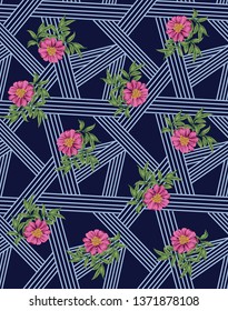 pink and red vector flowers pattern on stripe navy  background