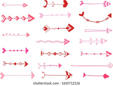 Pink and red vector hand drawn doodle arrows,  icons for graphic design, invitations and greeting cards