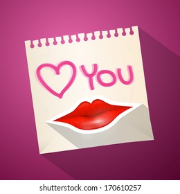 Pink, Red Vector Love You and Mouth on Sheet of Paper Illustration