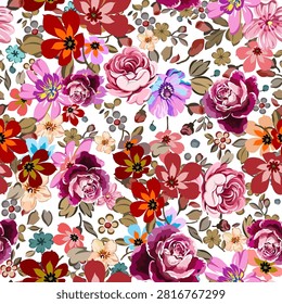 Pink and red vintage floral pattern, seamless hand drawn on white background. Designed for fabric, fashion, textiles, wallpaper and gift wrapping paper.