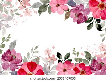 Fondo de marco de flores de acuarela roja rosa para diseño. Plantilla floral de la tarjeta del marco del borde. Ilustración de diseño de Vector. para Anuncio, tarjeta de boda. 