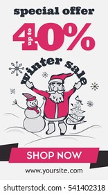 Pink, red web banner for internet special offer winter sale with santa, snowman and tree
