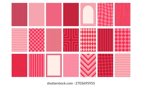 Pink and red whimsical patterns. Retro patterns with checkerboards, rhombs, and stripes in the style of the 1950s. Rectangular backgrounds for nostalgic designs.ai