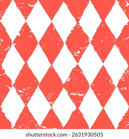 Pink, red, white colors trendy seamless watercolor rhombus pattern. Vector pencil or chalk hand drawn background. Stylish textile print, wrapping paper design. Art ink grunge texture