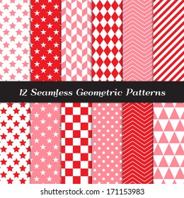 Pink, Red and White Geometric Seamless Patterns. Valentine's Day Background in Diamond, Chevron, Polka Dot, Checkerboard, Stars, Triangles, Herringbone and Stripes. Pattern Swatches with Global Colors