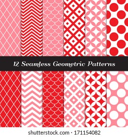 Pink, Red and White Geometric Seamless Patterns. Valentine's Day Retro Mod Backgrounds in Jumbo Polka Dot, Diamond Lattice, Scallops, Quatrefoil and Chevron. Pattern Swatches made with Global Colors.