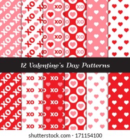 Pink, Red and White Hearts and Hugs and Kisses XOXO. Modern Valentine's Day Seamless Background Patterns. Perfect for Wrapping Paper. Pattern Swatches made with Global Colors. 