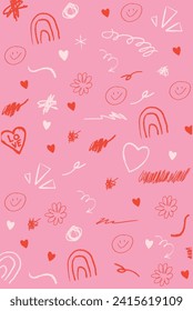Pink Red and White Scribbles shapes lines and hearts set background