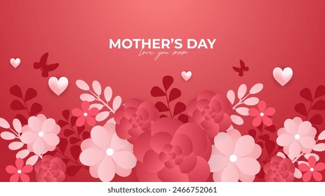Pink red and white vector illustration mothers day background with heart shaped balloons. Happy mothers day event poster for greeting design template and mother's day celebration