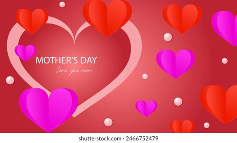 Fondo de día de madres de Ilustración vectorial rosa roja y blanca con globos en forma de corazón