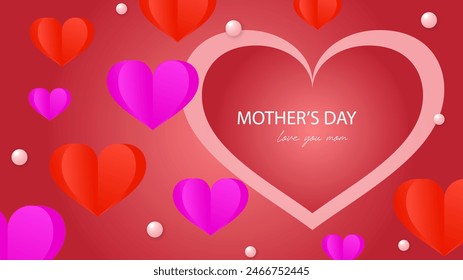 Pink red and white vector mothers day background with love balloons and flowers illustration