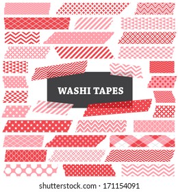 Pink, Red and White Washi Tape Strips with Torn Edges and Different Patterns. Semitransparent. Photo Frame Border, Web Blog Layout Element, Clip Art, Scrapbook Embellishment. Global colors used.