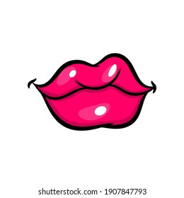 Pink red woman lips in pop art style isolated on white background. Cartoon girl make up vector illustration. Sexy pop art lips sticker with. Vintage cartoon pop art of girl pink lips.