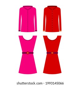 Pink and red women's shirts with long sleeves and long sleeveless dresses with belt. Isolated vector drawings on white background.