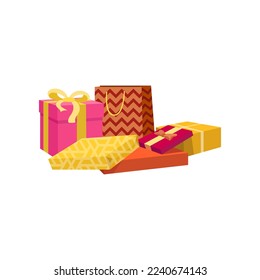 Pink, red, yellow, brown birthday, Christmas or Xmas presents with ribbons. Pile of colorful wrapped gift boxes cartoon illustration. Party, celebration, surprise concept
