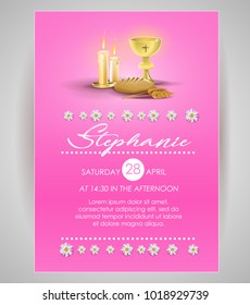 Pink religious invitation card: Invitation for first communion. Religious elements on pink background and flowers. Vector image.