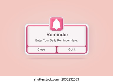 Pink reminder in 3d design mockup. Notifications. Web banner. Concept web design, website page development. Email marketing, online advertising concept. Calendar reminder.