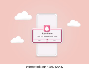 Pink reminder in 3d design mockup on phone. Notifications. Web banner. Concept web design, website page development. Email marketing, online advertising concept. Calendar reminder.