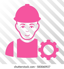 Pink Repairman toolbar icon. Vector pictograph style is a flat symbol on diagonally hatched transparent background.