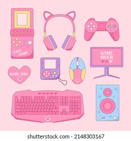 Pink Rerto Gamer Girl elements set. Vintage pink computer game equipment vector illustration.