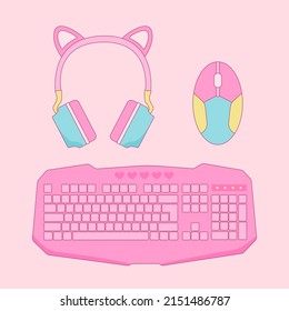 Pink Rerto Gamer Girl elements set. Vintage pink computer game equipment - mouse, keyboard and headphones vector illustration.