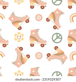 Pink retro 70s roller skates seamless pattern. Groovy skate shoes. Vintage texture for kids textile, repeat wallpaper. comic print for girls, cute background. Vector illustration.