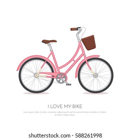 Pink retro bicycle with basket isolated on white background. Flat vector illustration of colorful bike.