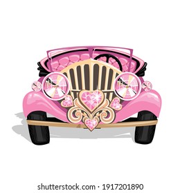 Pink retro car for a princess with jewelry made of precious stones in the form of heart. Vector illustration of fairy tale transport isolated on white background