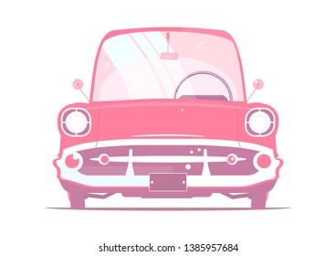 Pink retro car. Simple and clean retro valentines day invitation. Front view. Flat vector.