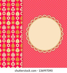 Pink Retro Card with Leaf Flower Pattern Part and Round Vignette