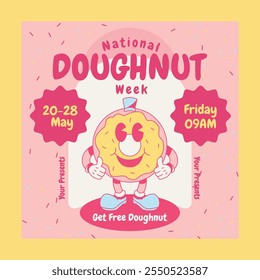 Pink Retro Cartoon National Doughnut Week Publicação de mídia social