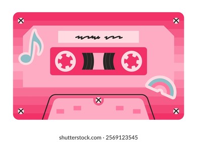 Pink retro cassette tape featuring a music note and a rainbow detail on gradient background. Nostalgic design inspired by 80s and 90s vibes, perfect for themes of music, and vintage aesthetics.