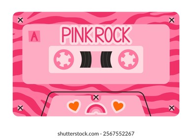 Pink retro cassette tape with zebra print pattern, hearts, and rainbow detail. Nostalgic Valentines Day design inspired by 80s and 90s vibes. Perfect for themes of love, music, and vintage aesthetics.