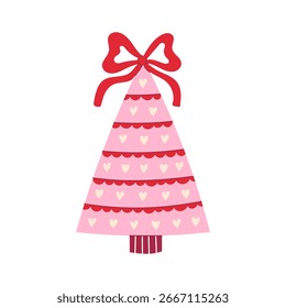 Pink Retro Christmas Tree. Hand drawn Holiday Decoration with tied Bow and hearts. Playful Romantic festive art for greeting cards and decor