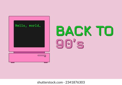 Pink Retro computer in Retrowave style. 2000s style technology. Nostalgia electronic device vector illustration