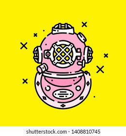 Pink retro deep sea diving helmet line icon on yellow background. Nautical vintage scuba gear graphic. Vector illustration.