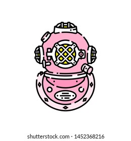 Pink retro deep sea diving helmet line icon. Nautical vintage scuba gear symbol. Vector illustration.